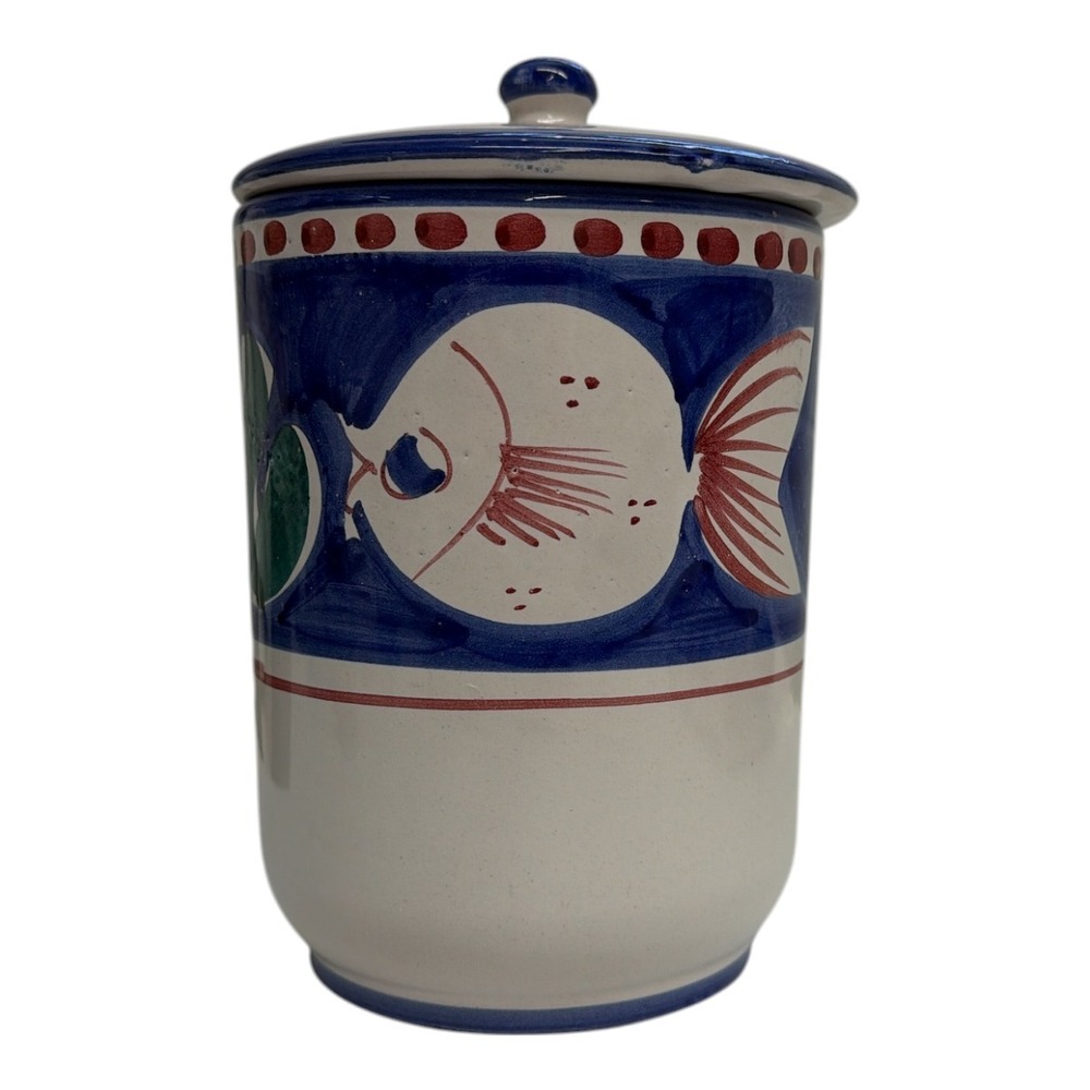 Solimene Vietri Campagna Pesce/Fish Italy Blue Ceramic Kitchen Canister 7.5"H
